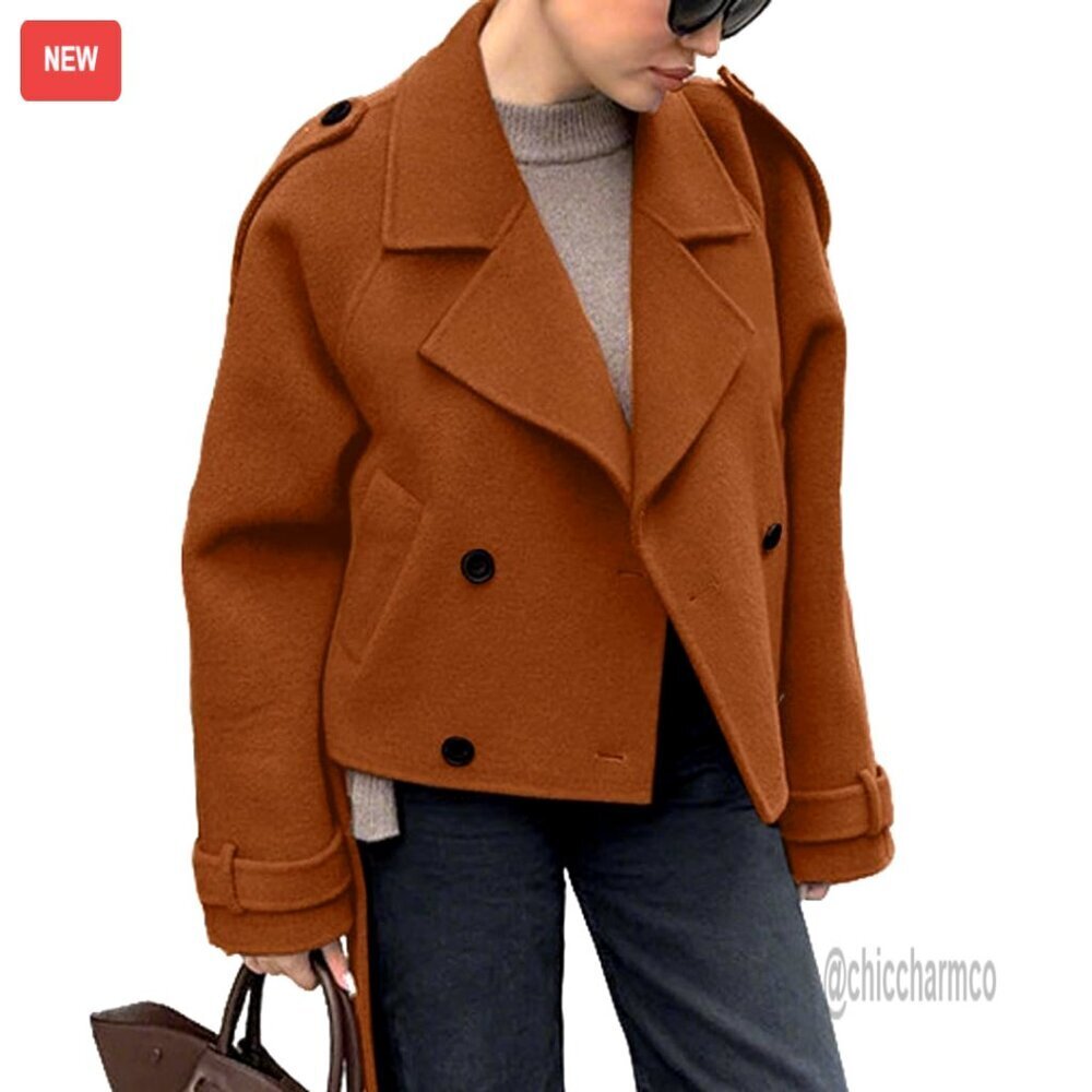 Cropped Wool Pea Coat Lapel Collar Office Work Winter Jacket Trench